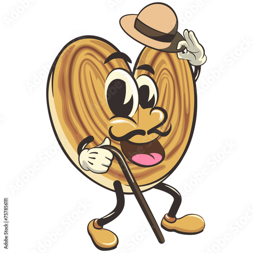 palmeritas cookies cartoon vector isolated clip art illustration mascot carrying a stick and saluting with raised hat, work of handmade