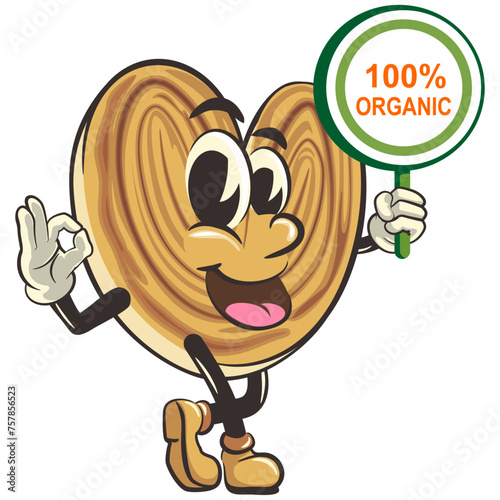 palmeritas cookies cartoon vector isolated clip art illustration mascot carrying a sign that says one hundred percent organic, work of handmade