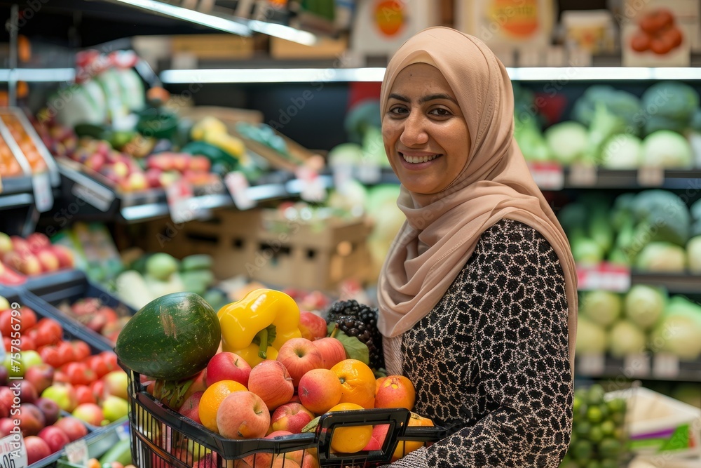 Female shopper, Muslim woman in hijab smiling and looking at camera, choosing vegetables and fruits in a large supermarket store, holding a basket with goods in hands, grocery department,Generative AI