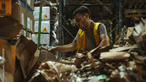 Focused worker in a vest sifting through packages in a busy warehouse.