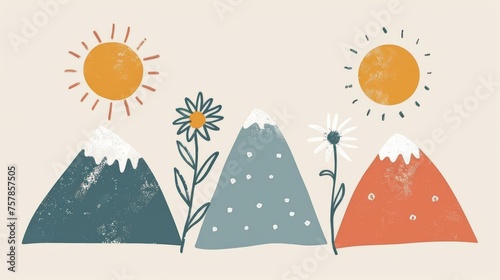 Abstract serene illustration featuring layered mountains with a warm sun and blooming flowers in a calming color palette, invoking a sense of peace and nature's beauty. Great as banner design.