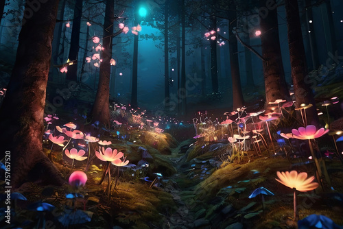 Enchanting fantasy forest at night: Glowing flowers in fairytale woods, mountain wonderland. Nature, fairy world concept.