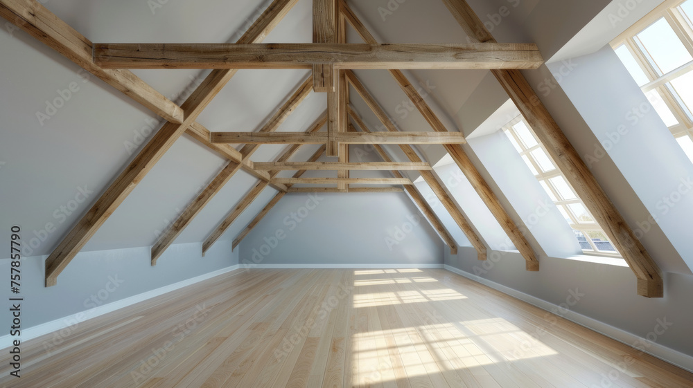 Obraz premium Spacious attic room with exposed wooden beams and sunlit hardwood floors.