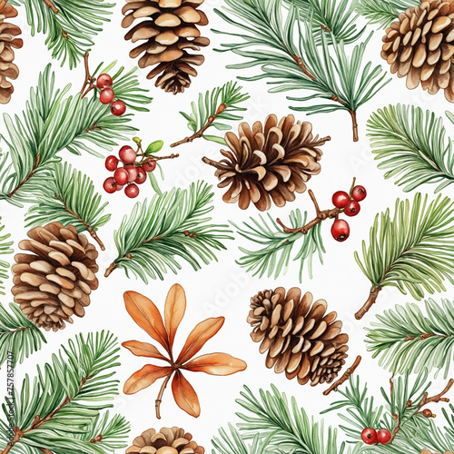 Pine cones and berries and branches background 