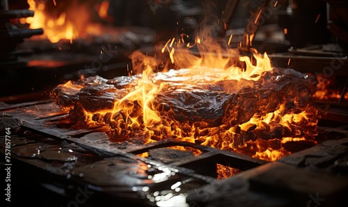 Large Metal Pan Emitting Flames on Table © uhdenis
