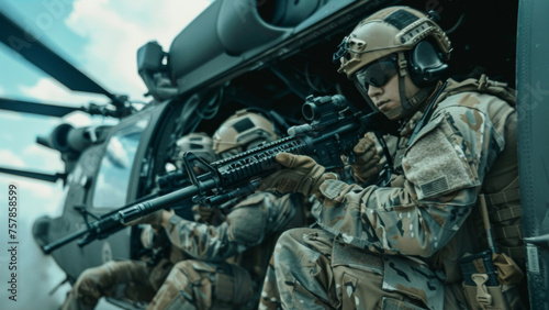 Soldiers in combat gear aboard a helicopter on a mission, with a tense and focused atmosphere.