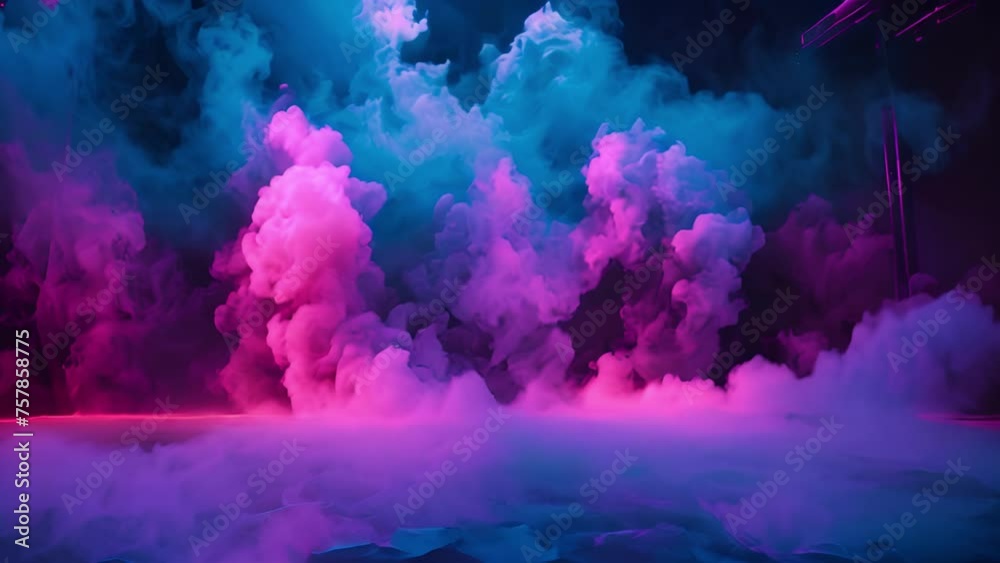 Stage light with smoke neon colors. Purple and blue. Laser neon red and blue light rays flash and glow. Festive concert club and music hall abstract 3D animation for pop, rock, rap music show. 4k neon