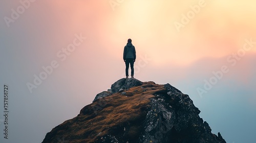 Person Standing at Top of Mountain Symbolizing Achievement, Mountain, achievement, person