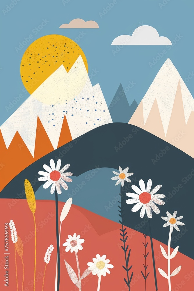 Fototapeta premium Abstract serene illustration featuring layered mountains with a warm sun and blooming flowers in a calming color palette, invoking a sense of peace and nature's beauty. Great as banner design.