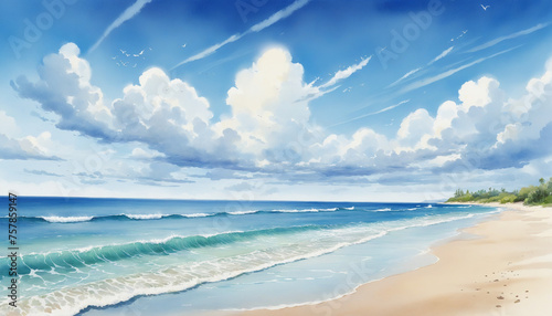 Watercolor landscape of blue sky, sea and white sandy beach