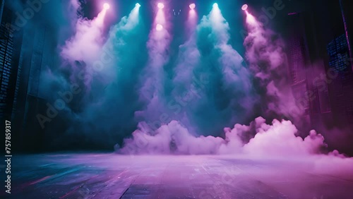 Stage light with smoke neon colors. Purple and blue. Laser neon red and blue light rays flash and glow. Festive concert club and music hall abstract 3D animation for pop, rock, rap music show. 4k neon photo