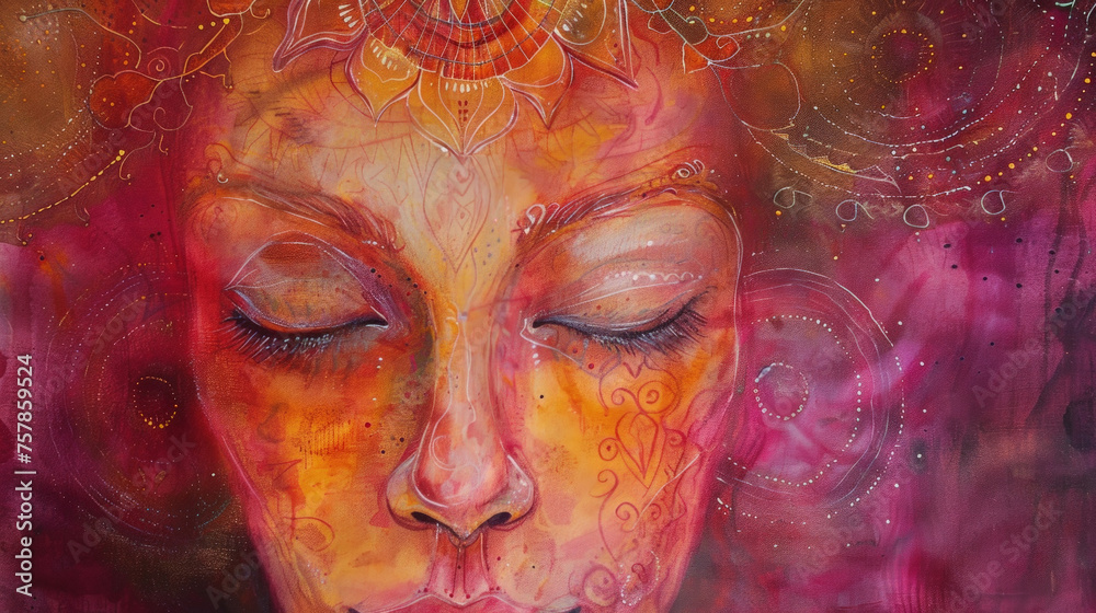 A serene face with closed eyes, embellished with intricate patterns and a warm, ethereal glow