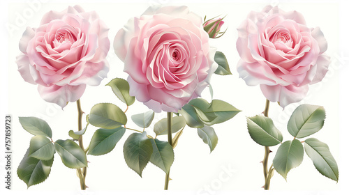 3 pink roses with green leaves, vector illustration, white background, pastel colors, high resolution, professional photograph, very detailed, in the style of high detail, no contrast, clean sharp foc