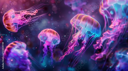 Glowing colorful jellyfishes on dark background © Artlana