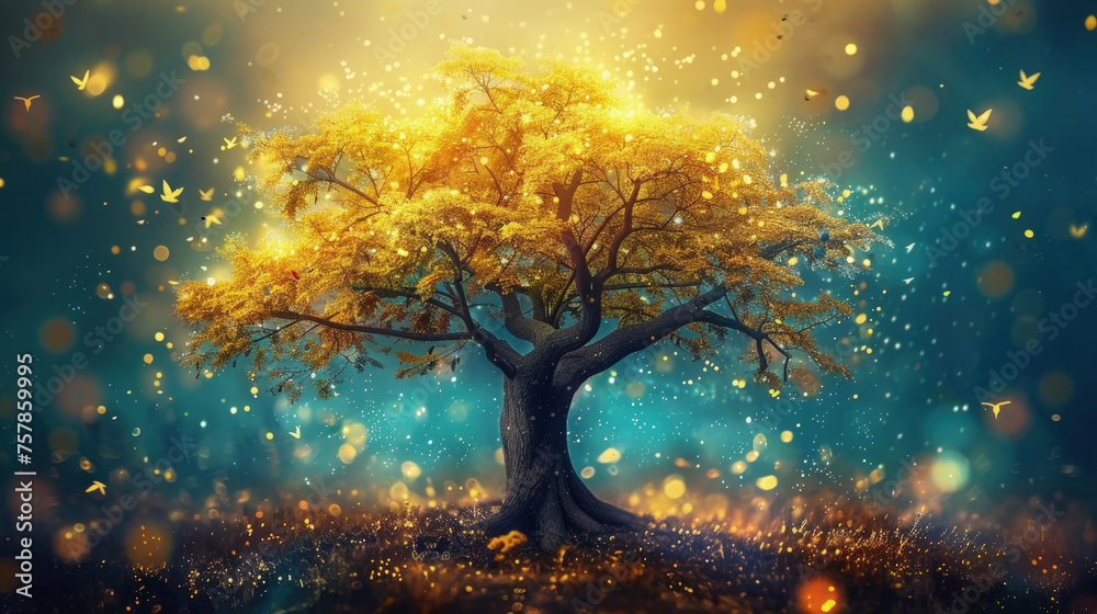 A detailed painting depicting a tree with vibrant yellow leaves, capturing the essence of autumn in full bloom - obrazy, fototapety, plakaty 