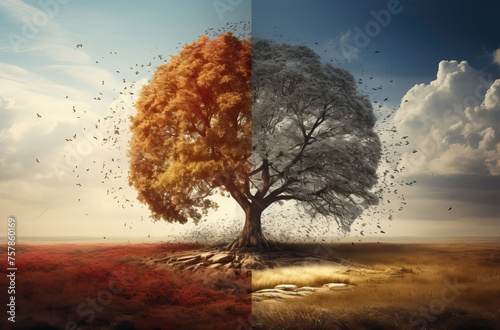 Landscape, a lonely tree in a field during a dry season.