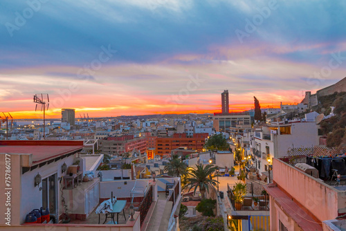 Alicante city centre aerial panoramic view at sunset. Alicante is a city in the Valencia region, Spain. © johnkruger1