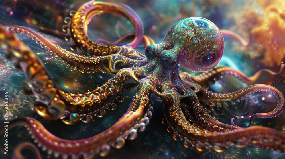 Cosmic Cephalopod, A hyper-realistic octopus glimmers with a cosmic array of colors and patterns, its tentacles spreading through space like nebulae in an otherworldly underwater scene Cosmic Cephalopod, A hyper-realistic octopus glimmers with a cosmic array of colors and patterns, its tentacles spreading through space like nebulae in an otherworldly underwater scene