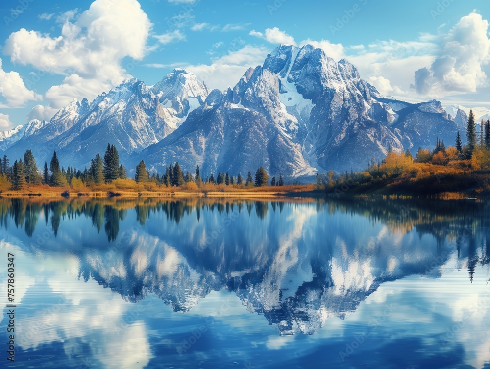 Mountain Majesty Reflected, A serene landscape featuring majestic snow-capped mountains mirrored perfectly in the still, clear waters of a tranquil lake, under a bright blue sky with fluffy clouds