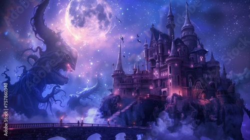 Moonlit Fantasy Fortress, In a breathtaking night scene, a majestic fantasy castle perches atop rocky cliffs, with mystical creatures swirling around it under the glow of an oversized moon