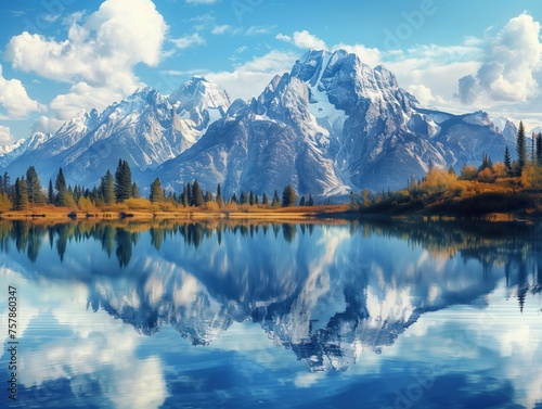 Mountain Majesty Reflected  A serene landscape featuring majestic snow-capped mountains mirrored perfectly in the still  clear waters of a tranquil lake  under a bright blue sky with fluffy clouds