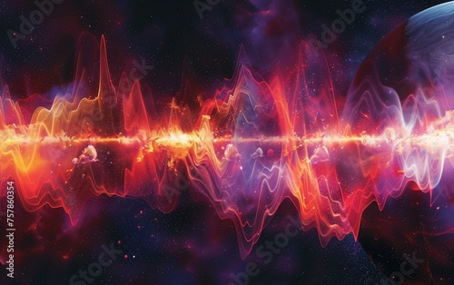 Galactic Soundwaves, An artistic representation of pulsating soundwaves traveling across the cosmos, blending vibrant energy and the serenity of space