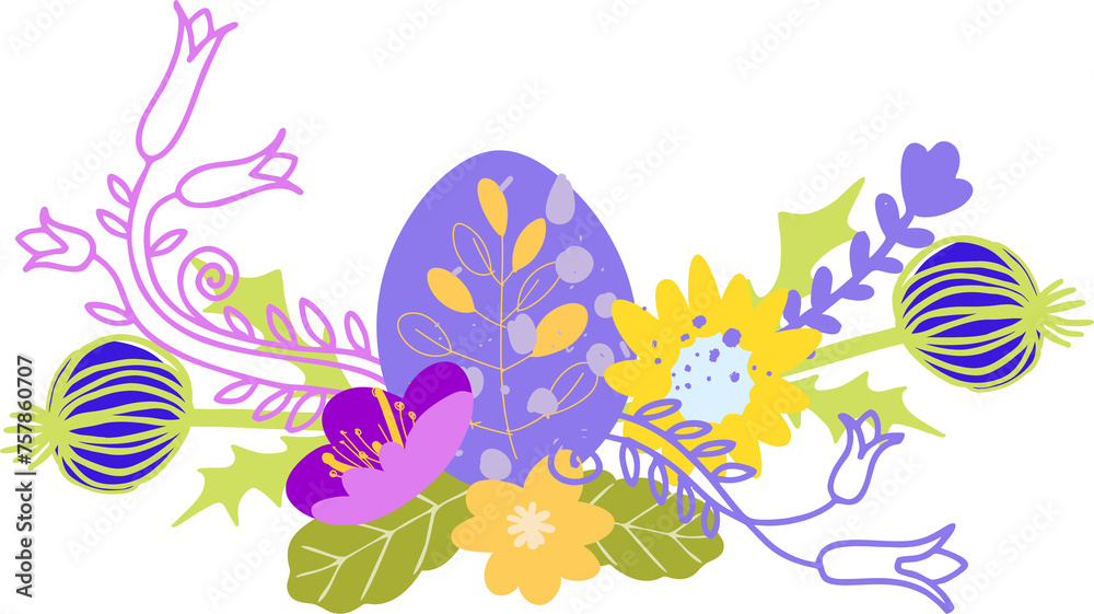 Fototapeta premium Cute cartoon composition of isolated botanical elements and symbolic Easter elements in flat style. Minimalist style of modern art. Spring digital illustration