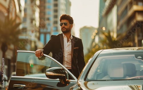 Urban Elegance, A stylish man in a sharp suit and sunglasses stands confidently beside his luxury car on a bustling city street, exuding sophistication and success © auc