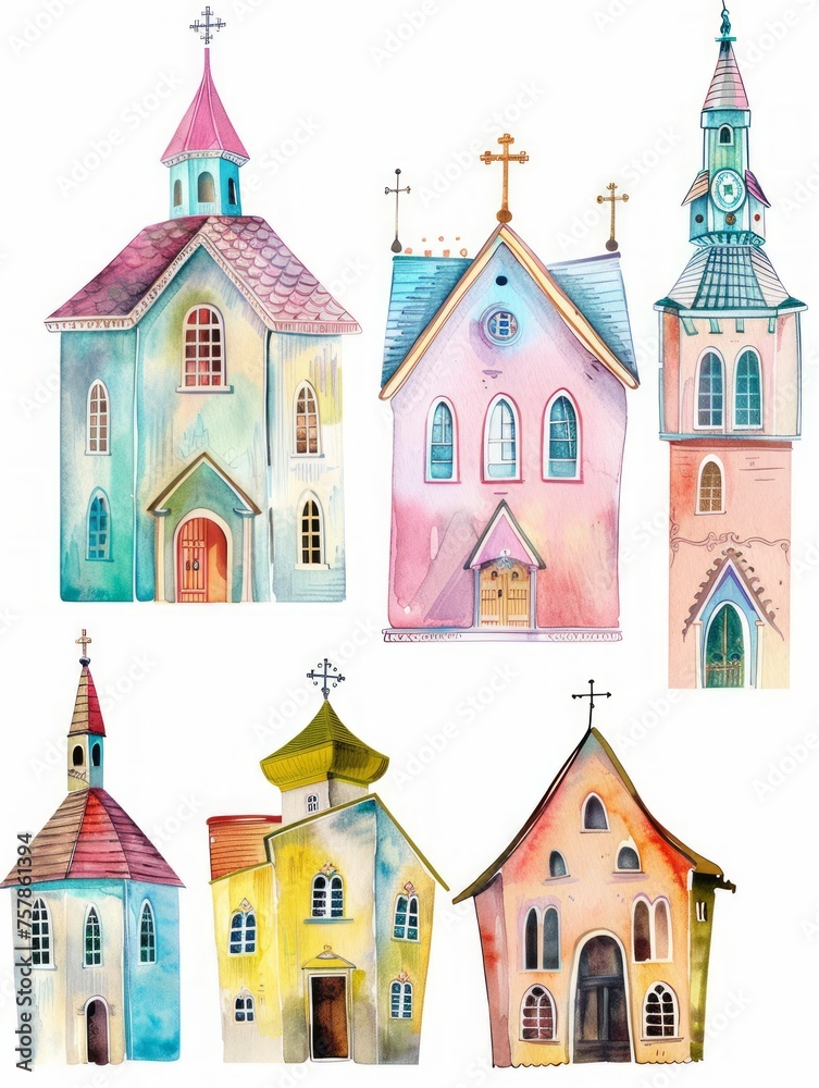 Vibrant Catholic Church Architecture in Watercolor Style Generative AI