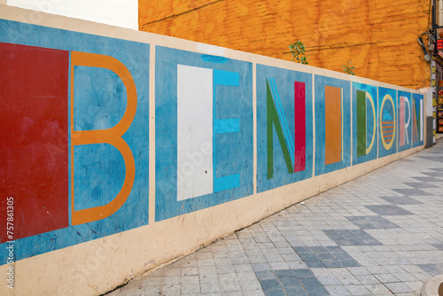 Colorful inscription "Benidorm" in city center of Benidorm. 