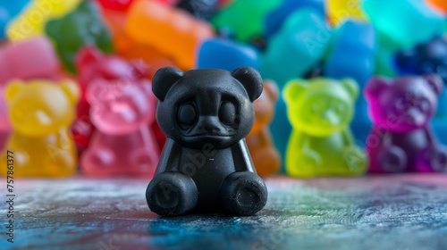 A visual metaphor for Childhood Anxiety Disorders, featuring a stark black licorice candy surrounded by a blur of vibrant gummy bears, symbolizing the feeling of being different and isolated. photo
