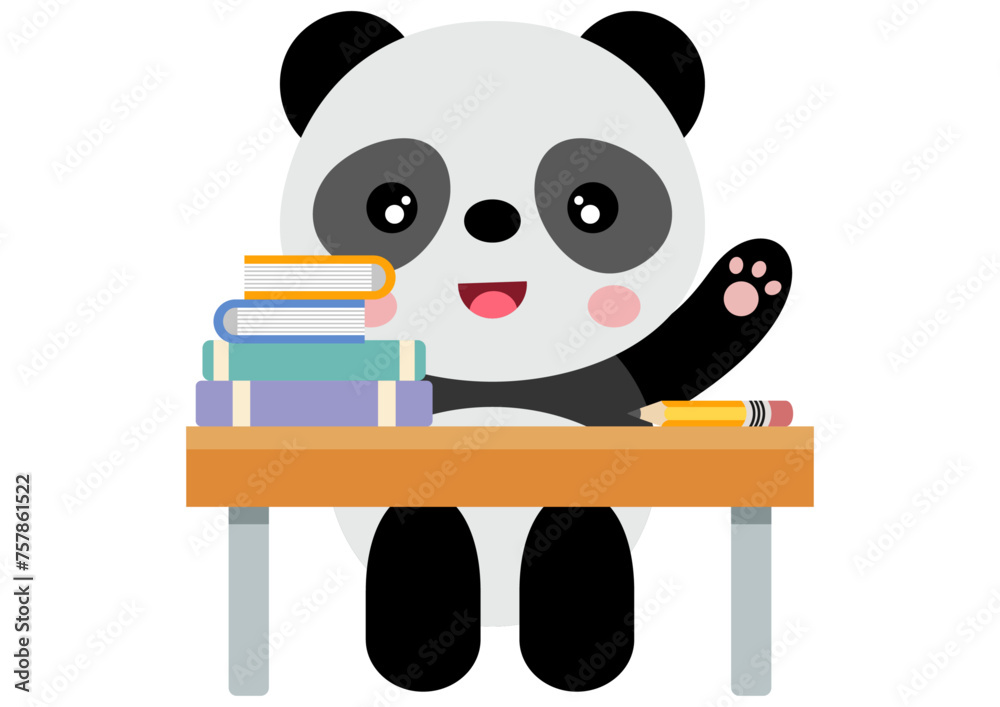 Cute panda student sitting at a table