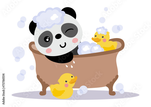 Cute little panda taking a bath