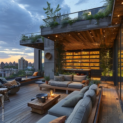 Contemporary rooftop terrace with comfortable lounging areas and city views © Mix and Match Studio