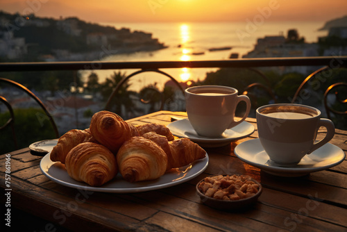 cup of coffee and french croissant on table, balcony with view of beautiful landscape, still life, sea and mountains, resort town, sunset © soleg