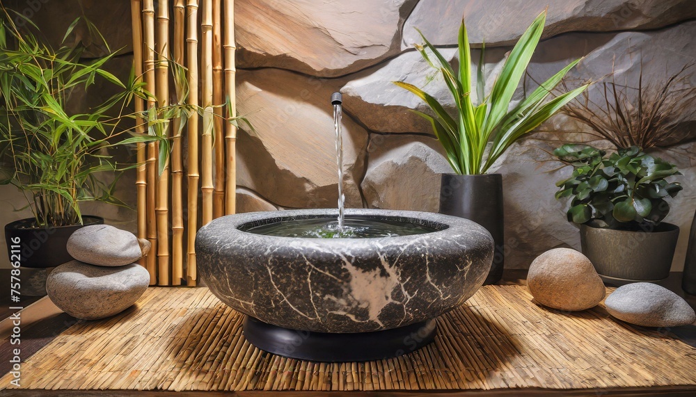 a zen-inspired indoor water fountain with natural stone elements, bamboo accents, and cascading water features, - obrazy, fototapety, plakaty 