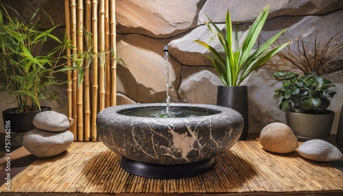 a zen-inspired indoor water fountain with natural stone elements, bamboo accents, and cascading water features,