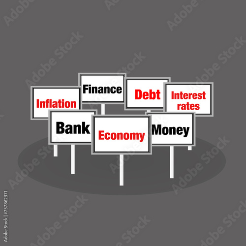 Economy and finance signs on dark background illustration