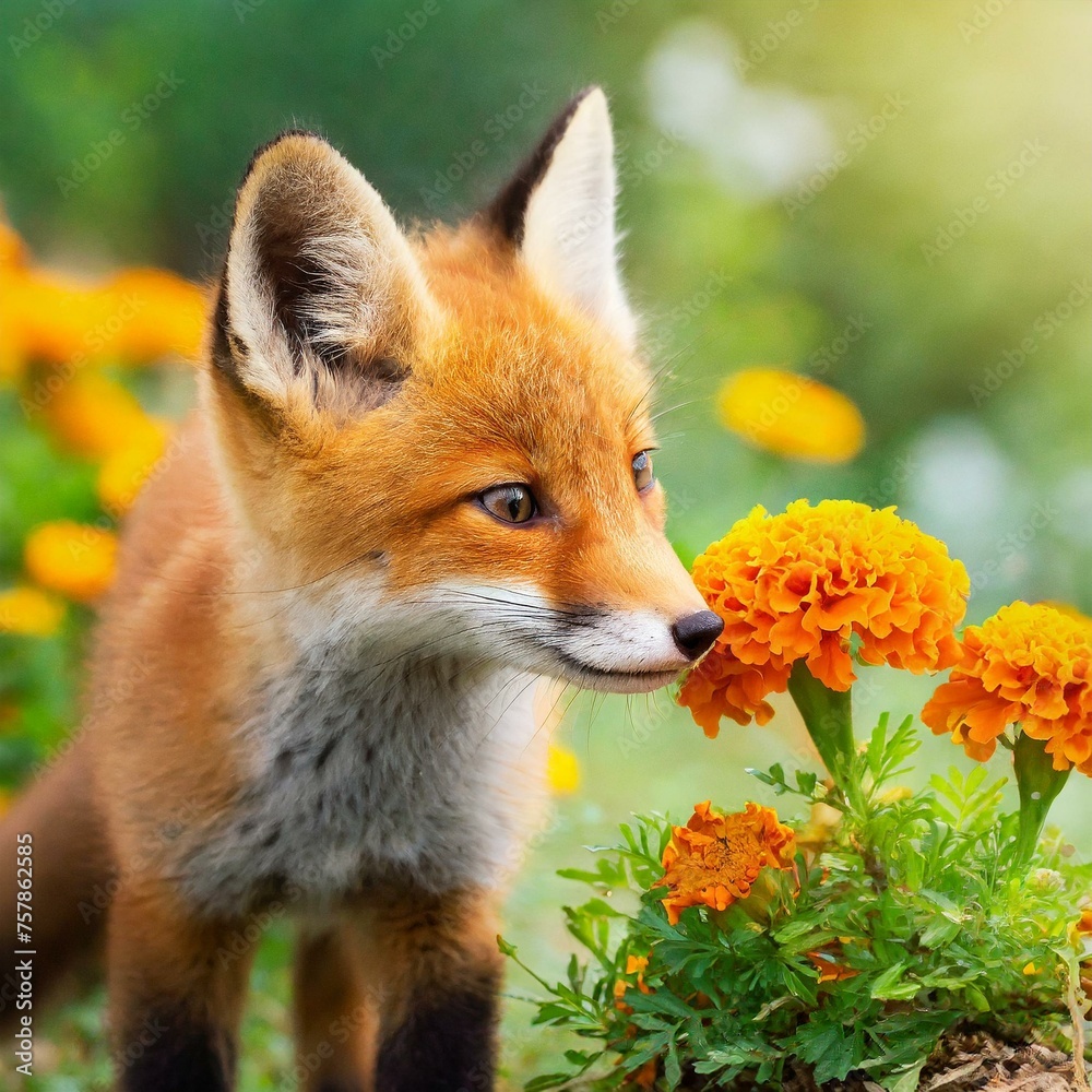 Fototapeta premium The whimsy of a baby fox smelling a meadow filled with marigolds, with soft focus and dreamy lighting