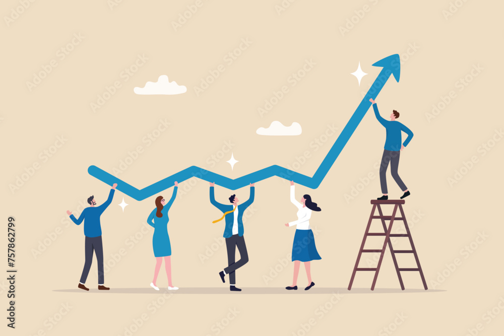 Growth strategy, team collaboration to grow business success, teamwork or partnership to develop or improve work efficiency concept, businessman and woman employee team help grow rising arrow chart. - obrazy, fototapety, plakaty 