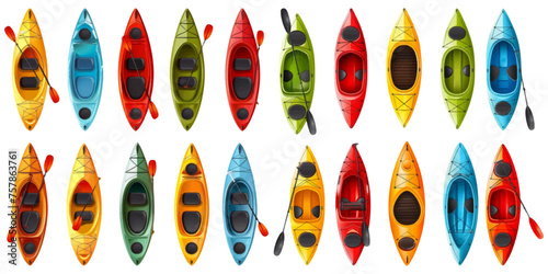 Set of colorful canoes on a white background.