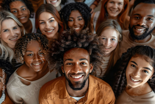 A large diverse group of people, including men and women from various ethnic backgrounds, are depicted smiling and facing the camera in an overhead shot. © jex