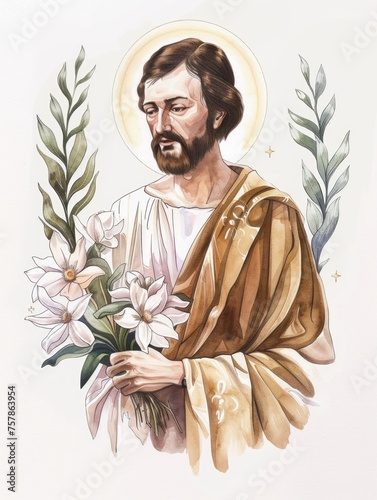 Saint Joseph Hand-Drawn Watercolor Illustration Generative AI