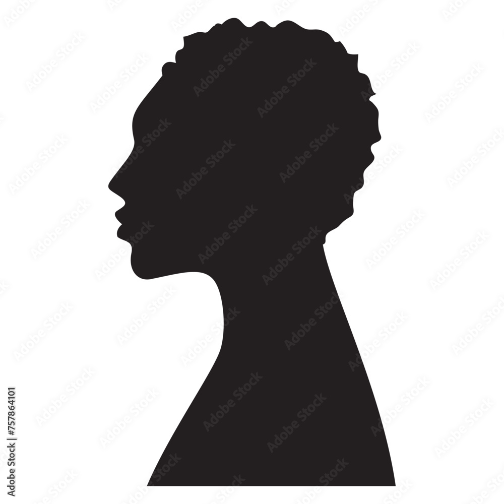 Silhouettes of girls hairstyles. Black silhouette of head girls.Woman face.Female faces profiles.Isolated on white background.Vector illustration.African American girl.Face profile.