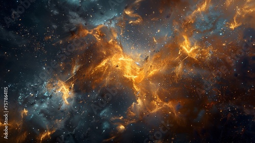 A close up of a space explosion with orange and blue flames, AI