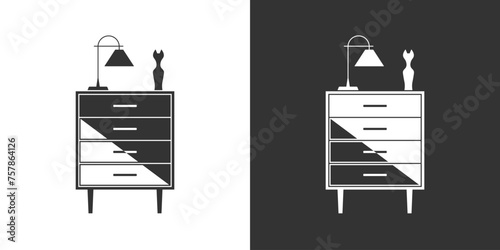 Furniture icon with nightstand. Interior icon on black and white background. Vector flat icon. Black and white