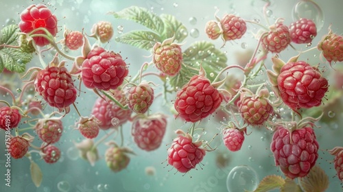 A bunch of raspberries are growing on a green background, AI