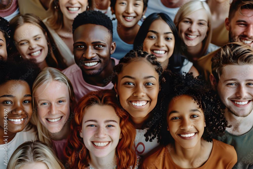 A large diverse group of people, including men and women from various ethnic backgrounds, are depicted smiling and facing the camera in an overhead shot.
