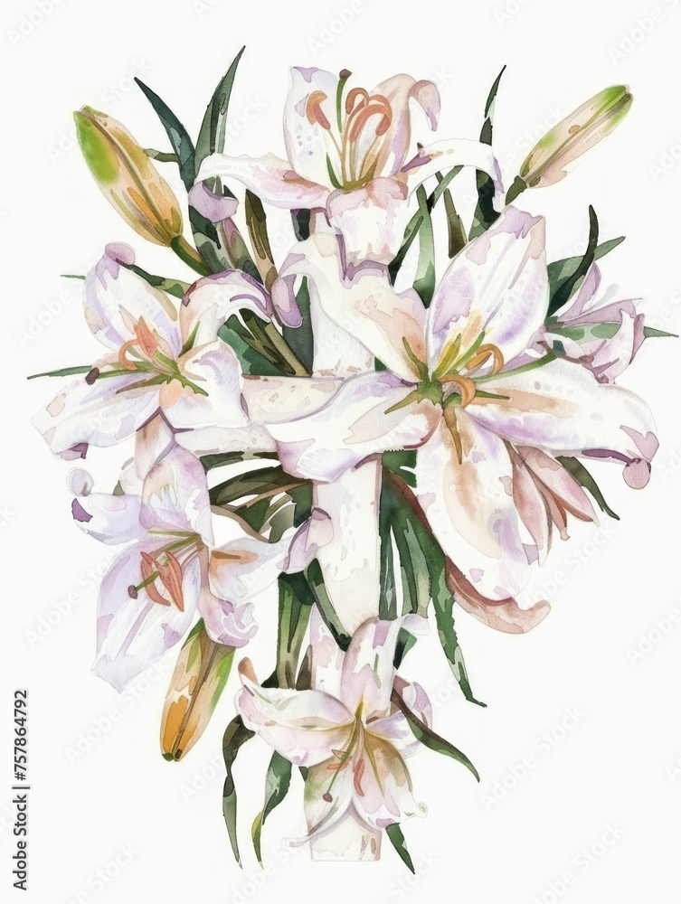 Watercolor Cross with Lily Flowers Generative AI