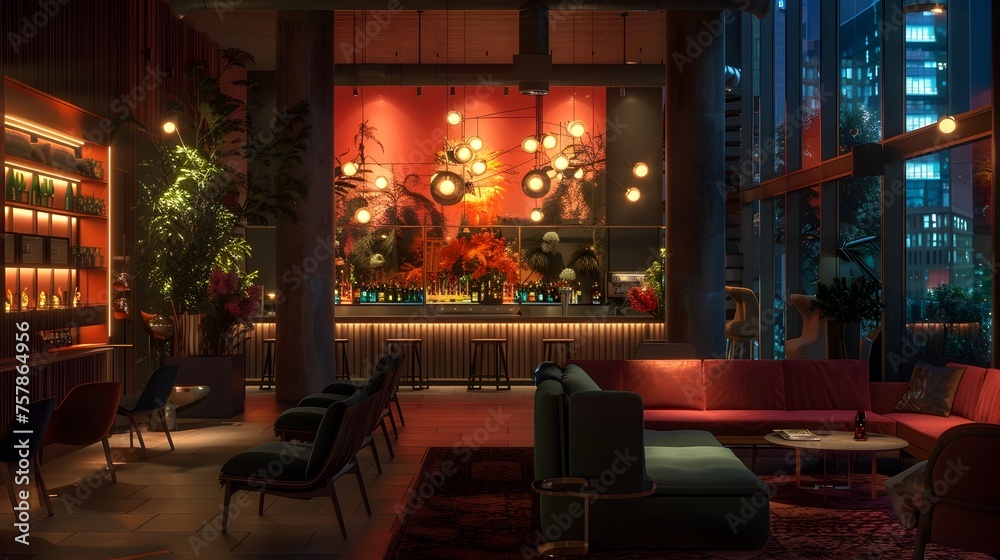 Modern Bar Lounge with Vibrant Red Sofa and City Skyline View - Cinematic Concept Art